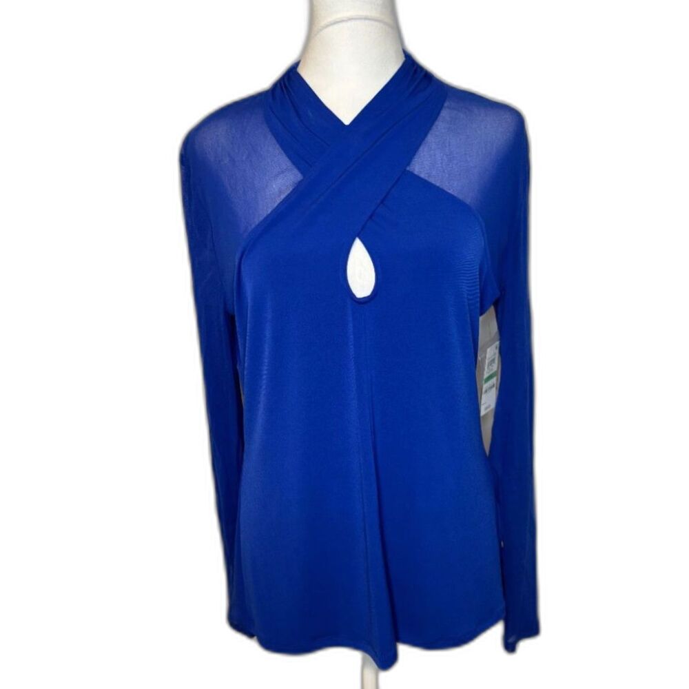 INC International Concepts Blue Criss-Cross Keyhole Long Sleeve Top L